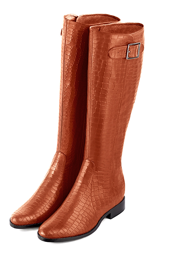 Terracotta orange women's knee-high boots with buckles. Round toe. Flat leather soles. Made to measure. Front view - Florence KOOIJMAN